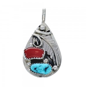 Sterling Silver Turquoise And Coral Leaf Pendant AX129402