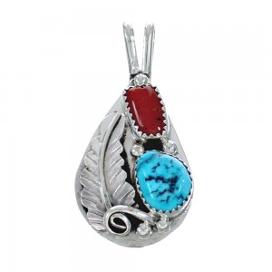 Sterling Silver Turquoise And Coral Leaf Pendant AX129403