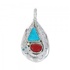 Native American Zuni Turquoise Coral Sterling Silver Snake Pendant AX129424