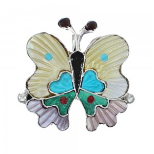 Native American Zuni Sterling Silver Multicolor Inlay Butterfly Pin Pendant AX129430