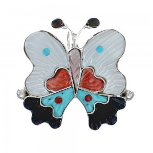 Native American Zuni Sterling Silver Multicolor Inlay Butterfly Pin Pendant AX129432