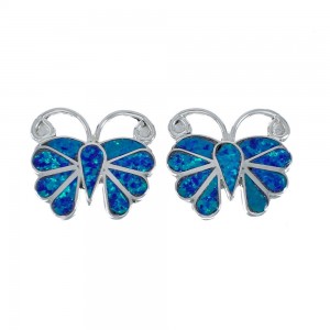 Blue Opal Inlay Zuni Butterfly Sterling Silver Post Earrings AX129433