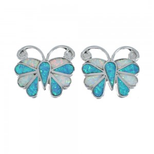 Blue And White Opal Inlay Zuni Butterfly Sterling Silver Post Earrings AX129435