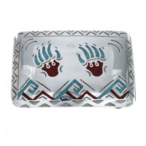 Turquoise And Coral Navajo Sterling Silver Bear Paw Belt Buckle AX129436
