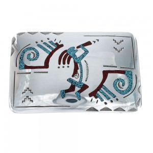 Turquoise And Coral Navajo Sterling Silver Kokopelli Belt Buckle AX129438