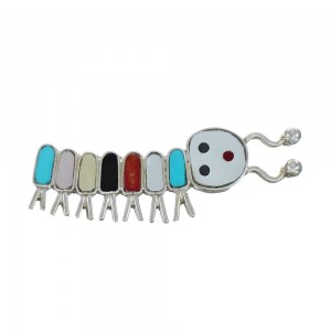 Native American Zuni Multicolor Genuine Sterling Silver Caterpillar Pin AX129440