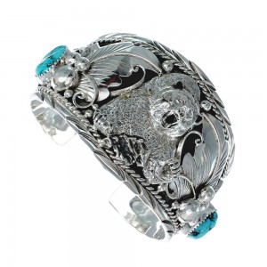 Navajo Sterling Silver Turquoise Bear Leaf Cuff Bracelet AX129459