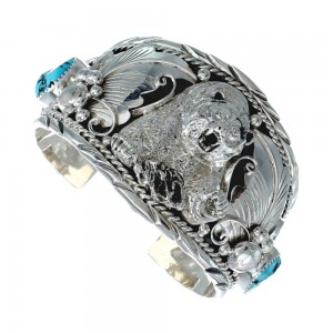 Navajo Sterling Silver Turquoise Bear Leaf Cuff Bracelet AX129461