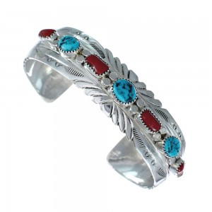 Navajo Turquoise And Coral Sterling Silver Cuff Bracelet AX129462