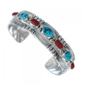 Navajo Turquoise And Coral Sterling Silver Cuff Bracelet AX129463