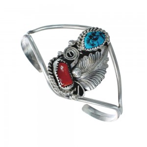 Sterling Silver Turquoise And Coral Navajo Leaf And Flower Cuff Bracelet AX129479