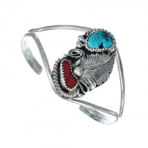 Sterling Silver Turquoise And Coral Navajo Leaf And Flower Cuff Bracelet AX129480