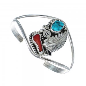 Sterling Silver Turquoise And Coral Navajo Leaf And Flower Cuff Bracelet AX129481