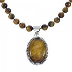 Native American Sterling Silver Tiger Eye Bead Necklace Pendant Set JX129826