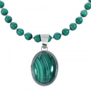 Native American Sterling Silver Malachite Bead Necklace Pendant Set JX129816