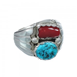 Navajo Sterling Silver Turquoise And Coral Ring Size 12-1/4 AX129577