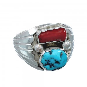 Navajo Sterling Silver Turquoise And Coral Ring Size 12 AX129578