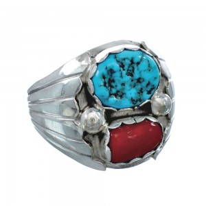 Navajo Sterling Silver Turquoise And Coral Ring Size 10-3/4 AX129579