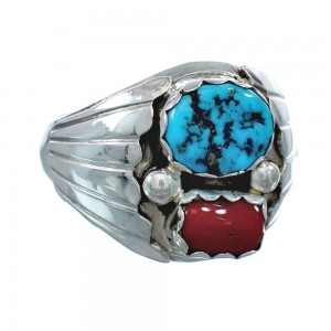 Navajo Sterling Silver Turquoise And Coral Ring Size 13-1/2 AX129580