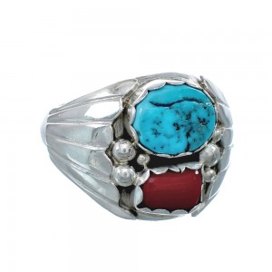 Navajo Sterling Silver Turquoise And Coral Ring Size 13-1/2 AX129581