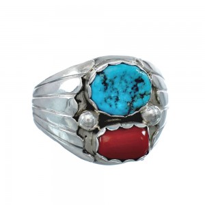 Navajo Sterling Silver Turquoise And Coral Ring Size 12 AX129582