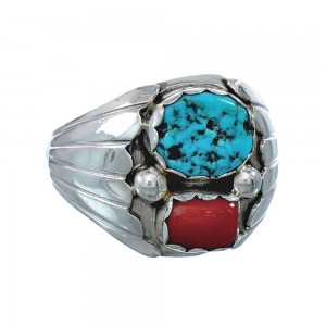 Navajo Sterling Silver Turquoise And Coral Ring Size 12 AX129583