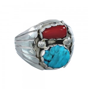 Navajo Sterling Silver Turquoise And Coral Ring Size 10-1/2 AX129584