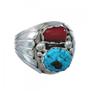 Navajo Sterling Silver Turquoise And Coral Ring Size 10-3/4 AX129585