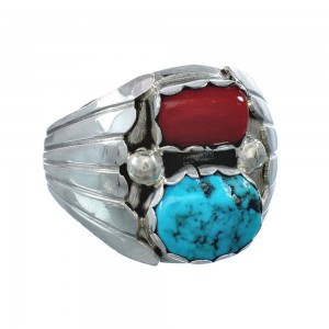 Navajo Sterling Silver Turquoise And Coral Ring Size 10-3/4 AX129586