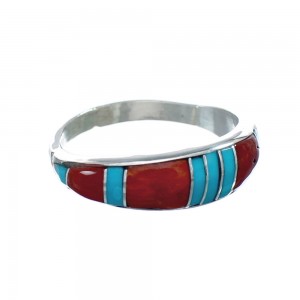 Native American Turquoise And Coral Inlay Zuni Ring Size 8 AX129591