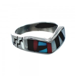 Multicolor Inlay Native American Sterling Silver Ring Size 6-1/2 AX129620