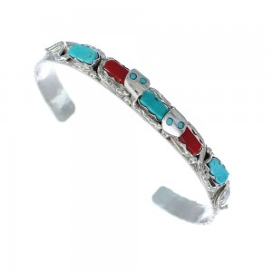 Turquoise Coral Zuni Effie Calavaza Snake Sterling Silver Cuff Bracelet AX129772